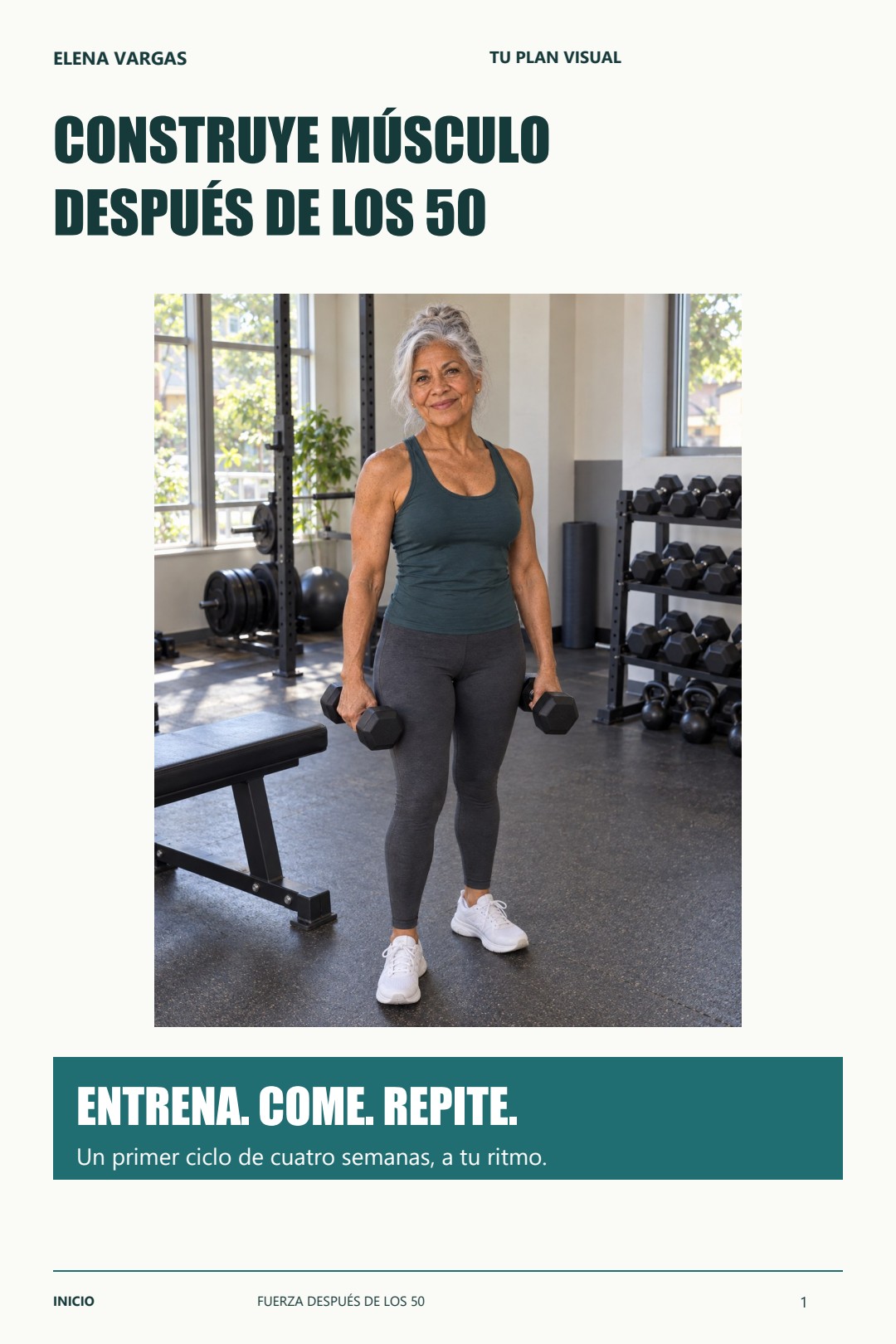 Portada real de Construye músculo después de los 50, con Elena Vargas en el gimnasio